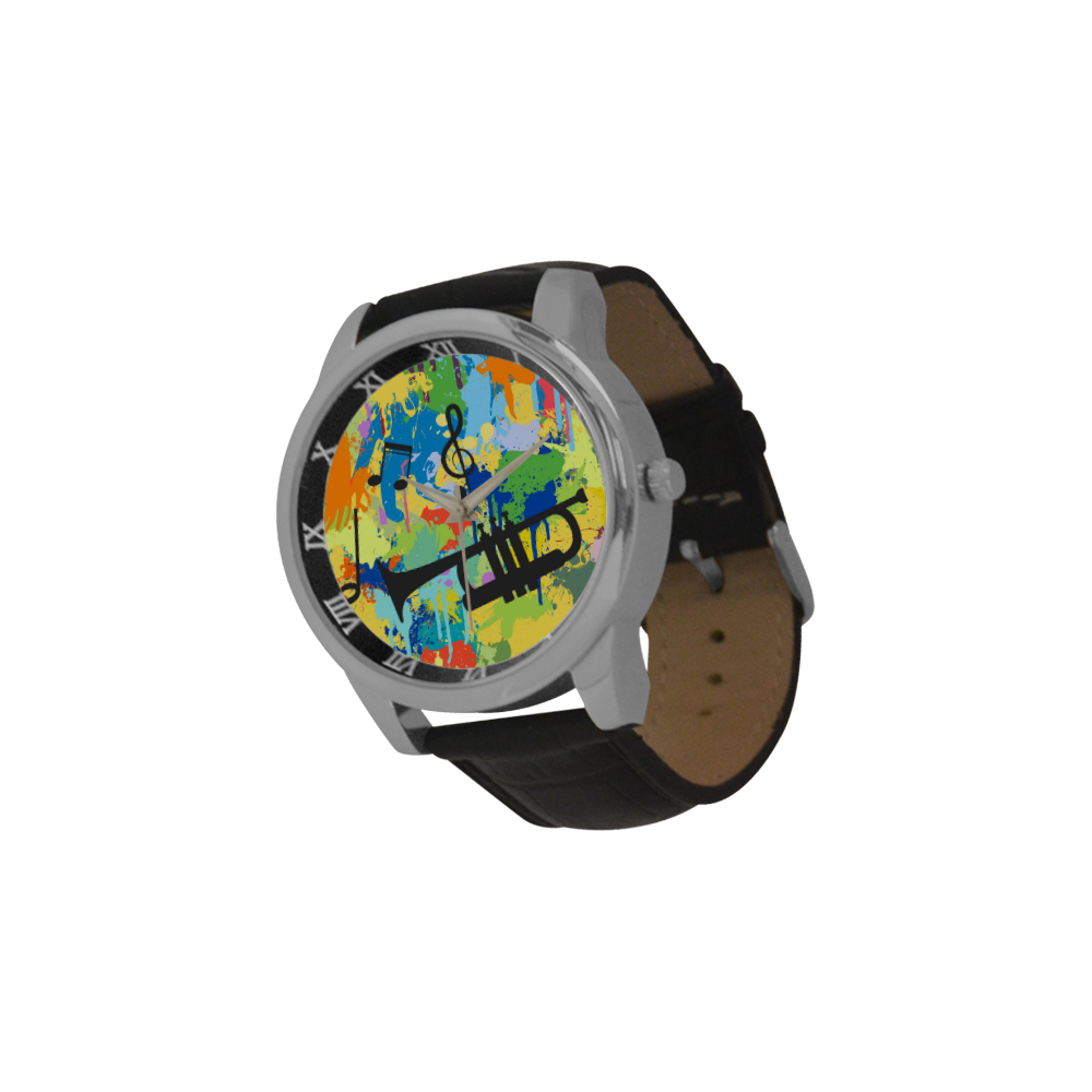 Let´s Musik Black Shape Colorful Splash Men's Leather Strap Large Dial Watch(Model 213)
