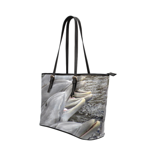 Dolphin Smiles Leather Tote Bag/Small (Model 1651)