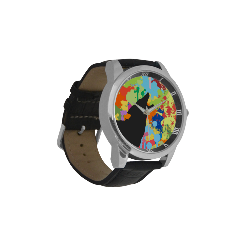 Wolf Black Shape Colorful Splash Y Background Men's Leather Strap Large Dial Watch(Model 213)