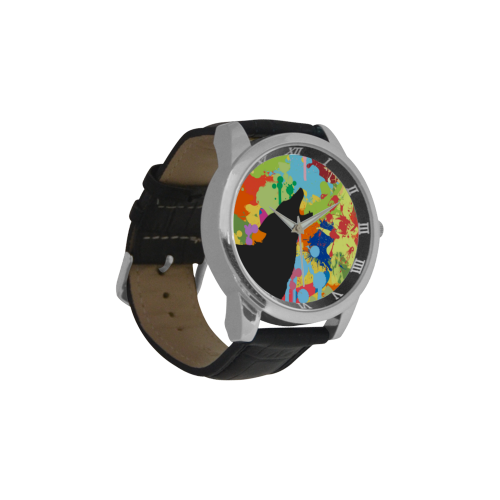 Wolf Black Shape Colorful Splash Y Background Men's Leather Strap Large Dial Watch(Model 213)
