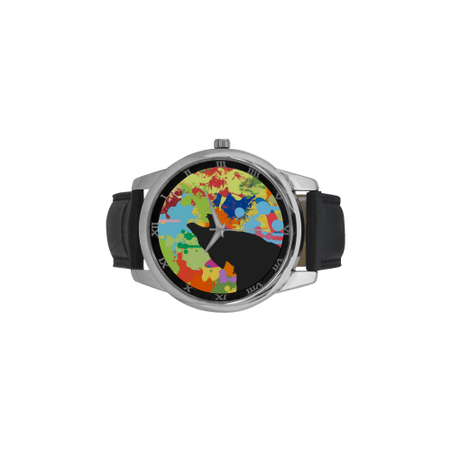 Wolf Black Shape Colorful Splash Y Background Men's Leather Strap Large Dial Watch(Model 213)