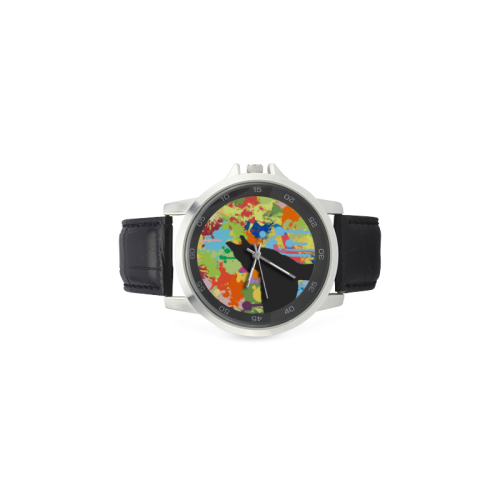 Wolf Black Shape Colorful Splash Y Background Unisex Stainless Steel Leather Strap Watch(Model 202)
