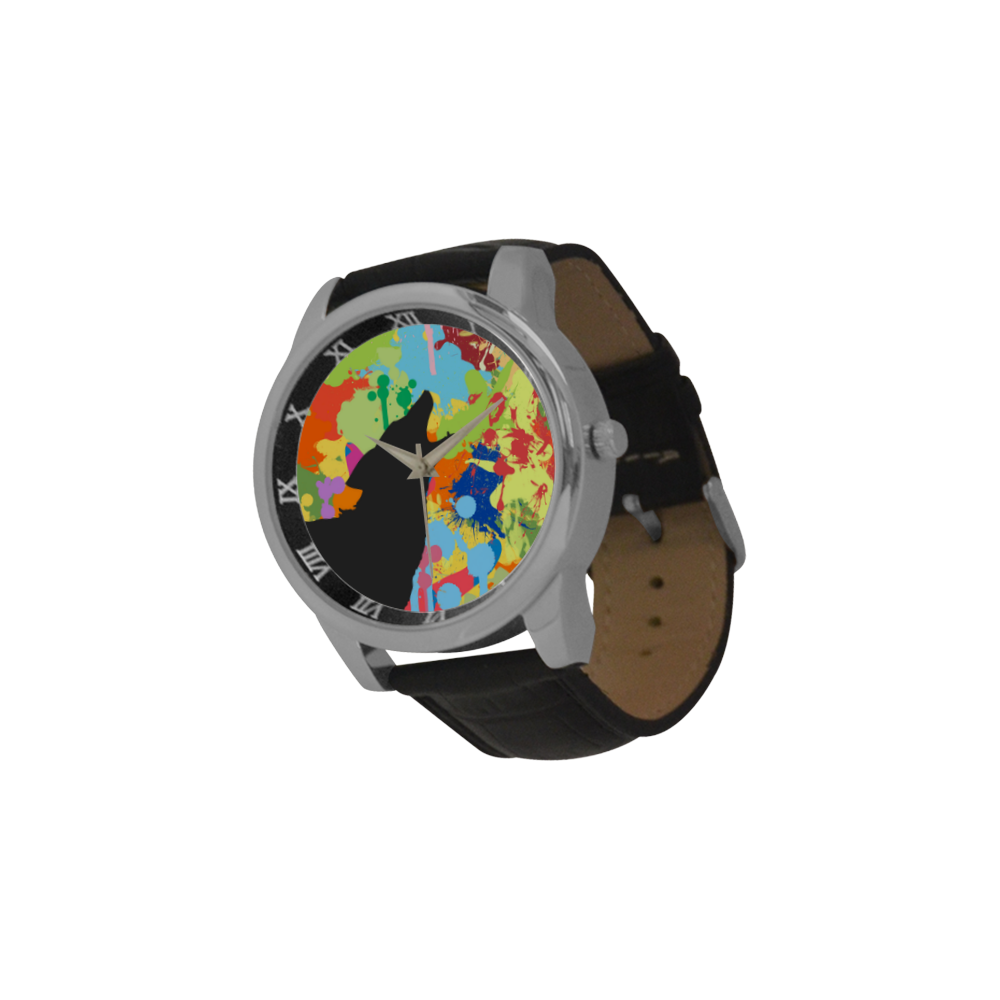 Wolf Black Shape Colorful Splash Y Background Men's Leather Strap Large Dial Watch(Model 213)