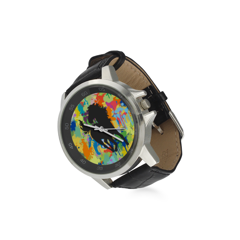 Horse Black Shape Colorfule  Splash Unisex Stainless Steel Leather Strap Watch(Model 202)