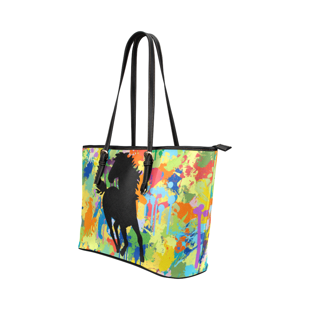 Horse Black Shape Colorful Splash Leather Tote Bag/Large (Model 1651)