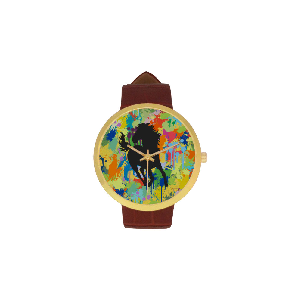 Horse Black Shape Colorful Splash Y Background Women's Golden Leather Strap Watch(Model 212)
