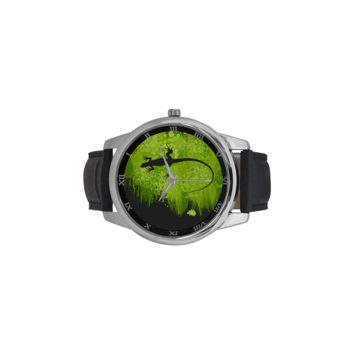 Green Lizard Shape Painting Your Background Men's Leather Strap Large Dial Watch(Model 213)