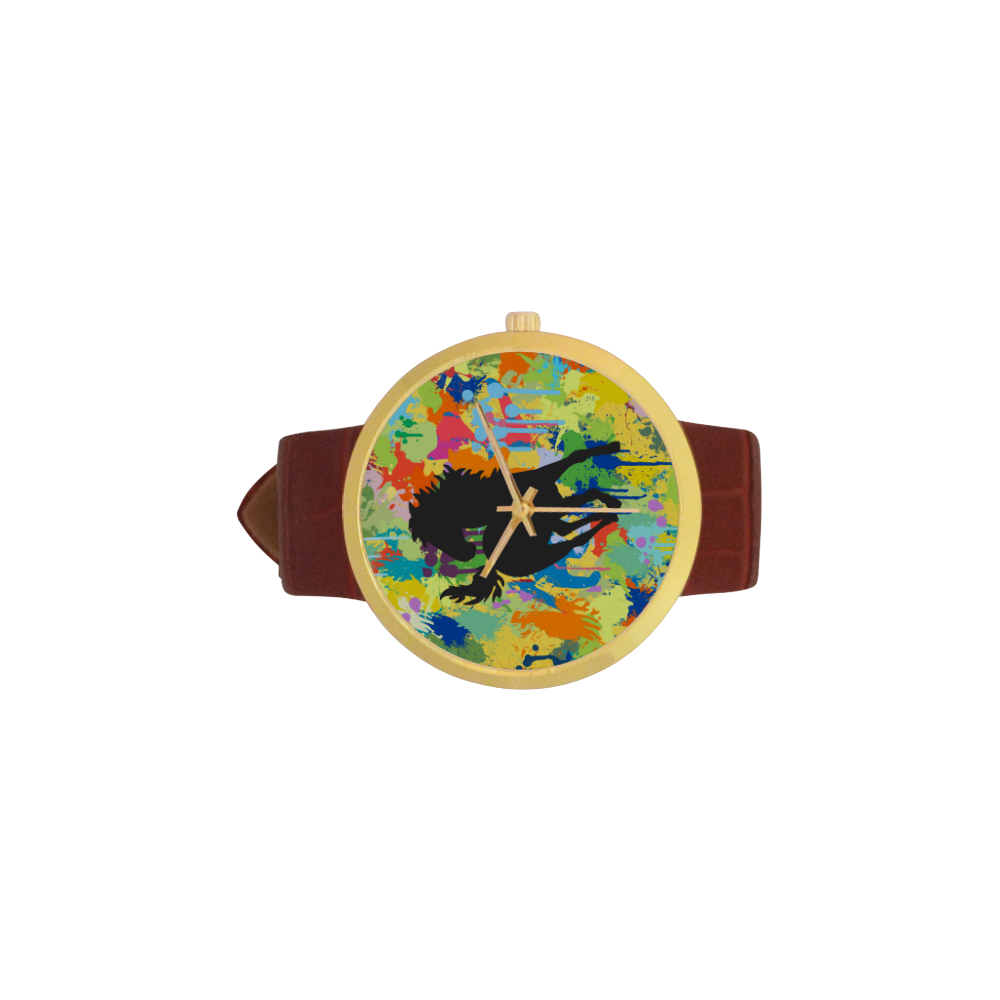 Horse Black Shape Colorful Splash Y Background Women's Golden Leather Strap Watch(Model 212)