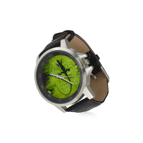 Green Lizard Black Shape Painting Y Background Unisex Stainless Steel Leather Strap Watch(Model 202)