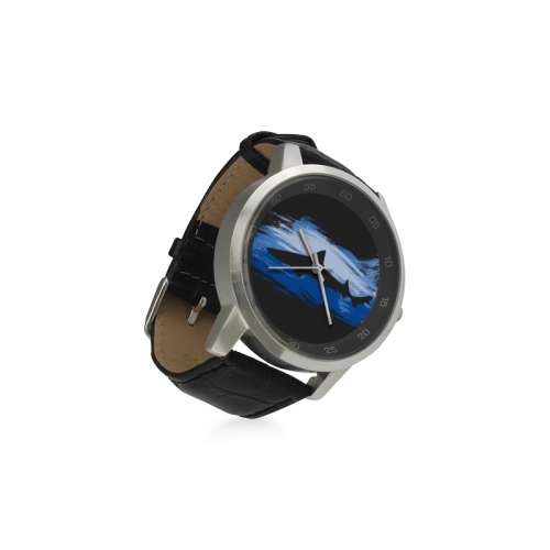 Shark Shape Blue Painting Your Background Unisex Stainless Steel Leather Strap Watch(Model 202)