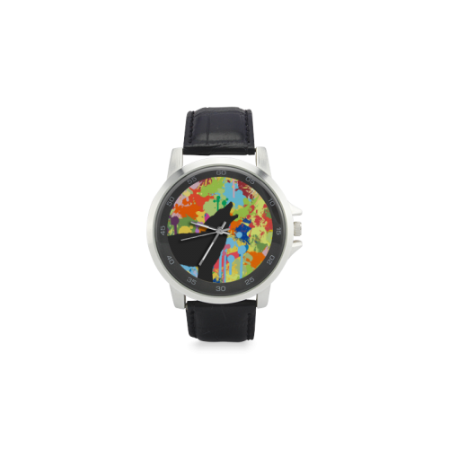 Wolf Black Shape Colorful Splash Y Background Unisex Stainless Steel Leather Strap Watch(Model 202)