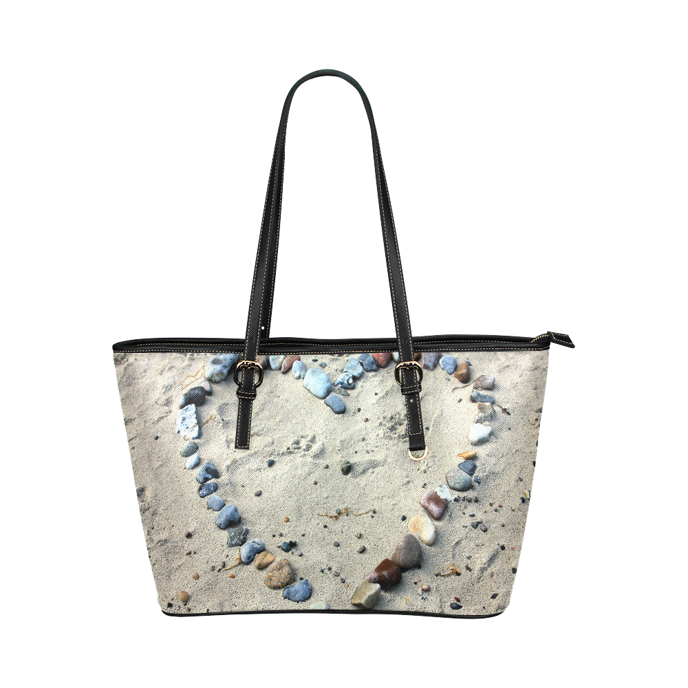Beach Heart Stones Leather Tote Bag/Small (Model 1651)