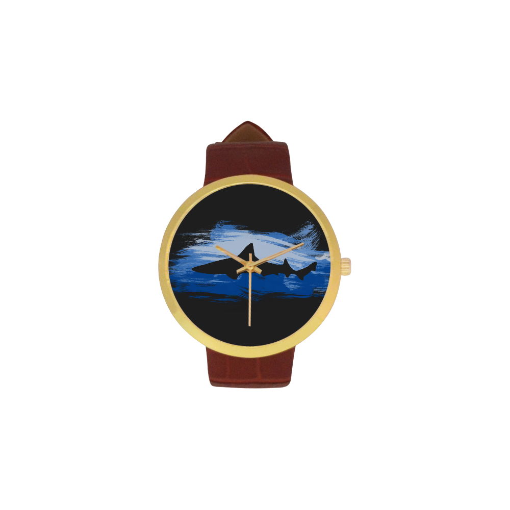 Shark Shape Blue Painting Women's Golden Leather Strap Watch(Model 212)