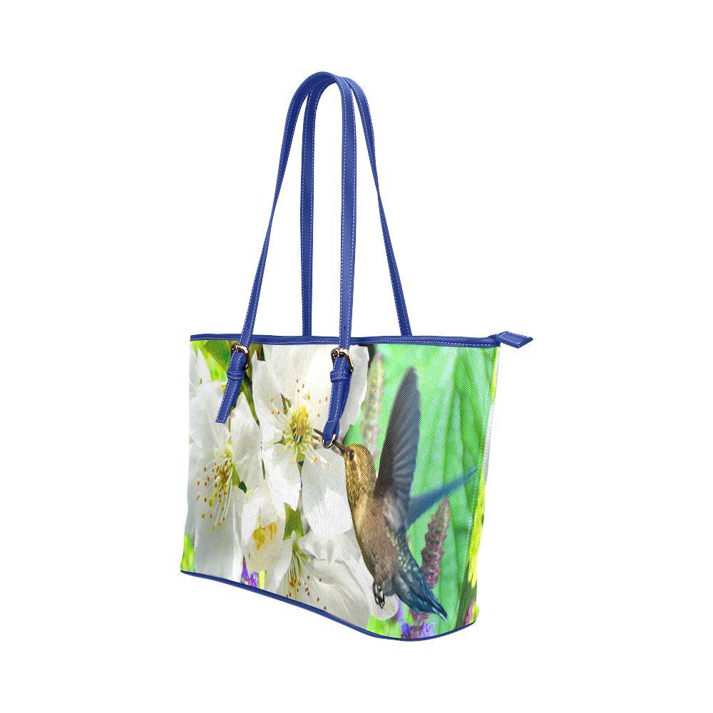 Peach Blossom Hummingbird Leather Tote Bag/Large (Model 1651)