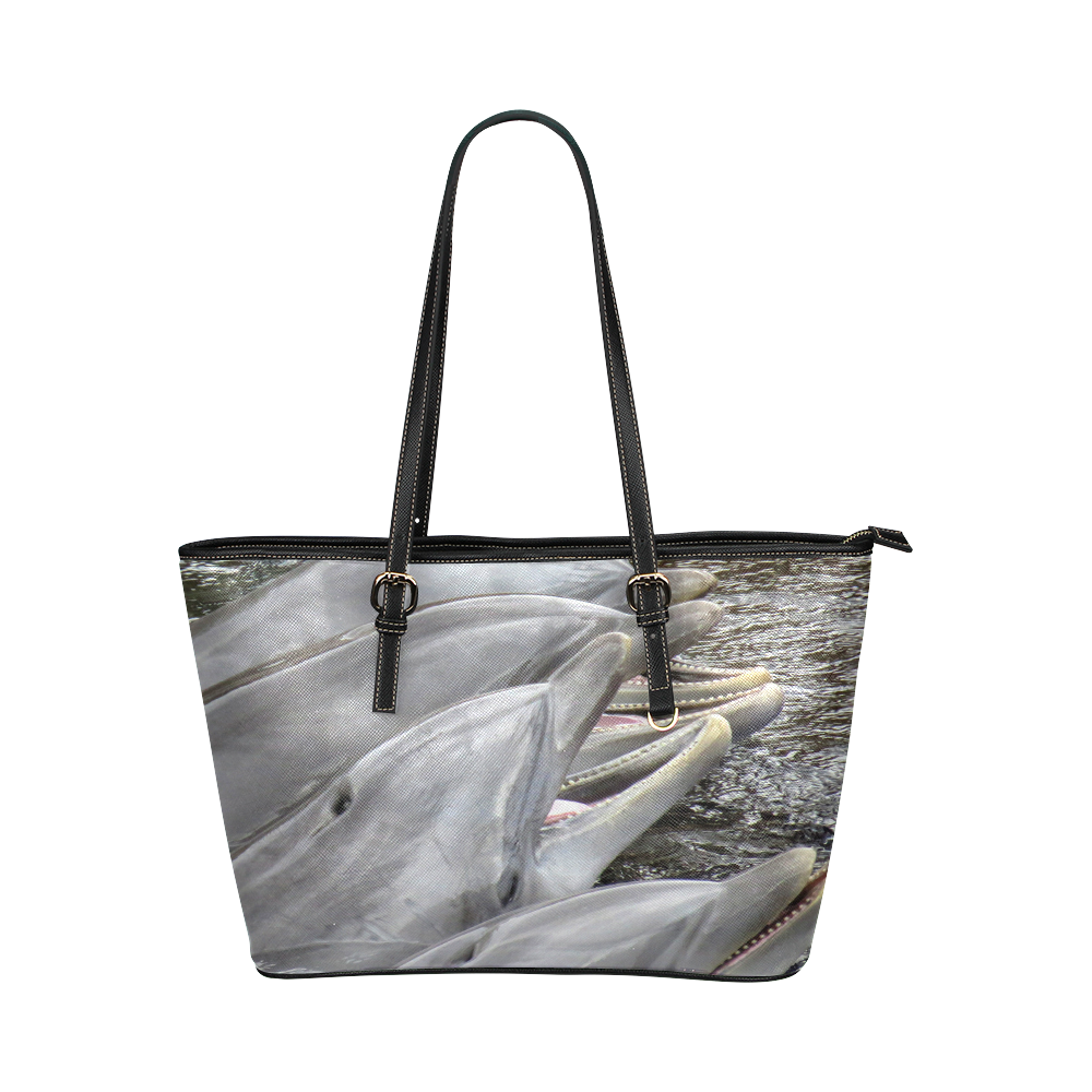 Dolphin Smiles Leather Tote Bag/Large (Model 1651)