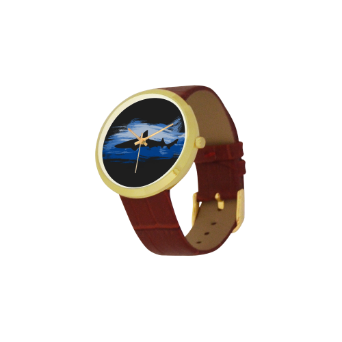 Shark Shape Blue Painting Women's Golden Leather Strap Watch(Model 212)