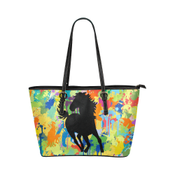 Horse Black Shape Colorful Splash Leather Tote Bag/Large (Model 1651)