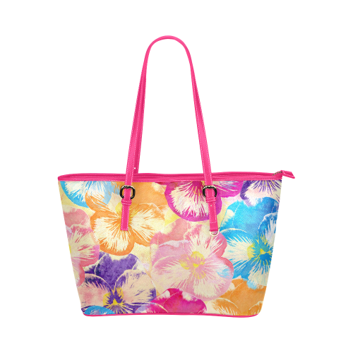 Pansy flowers Leather Tote Bag/Large (Model 1651)