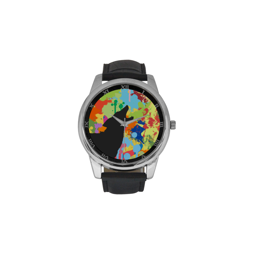 Wolf Black Shape Colorful Splash Y Background Men's Leather Strap Large Dial Watch(Model 213)