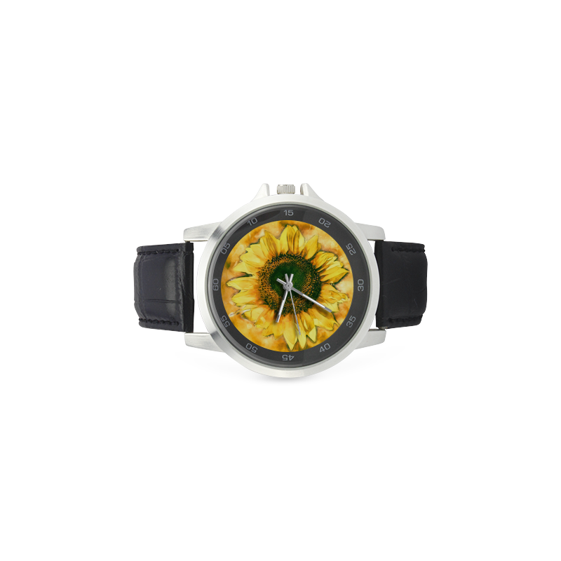 Painting Sunflower - Life is in full bloom Unisex Stainless Steel Leather Strap Watch(Model 202)