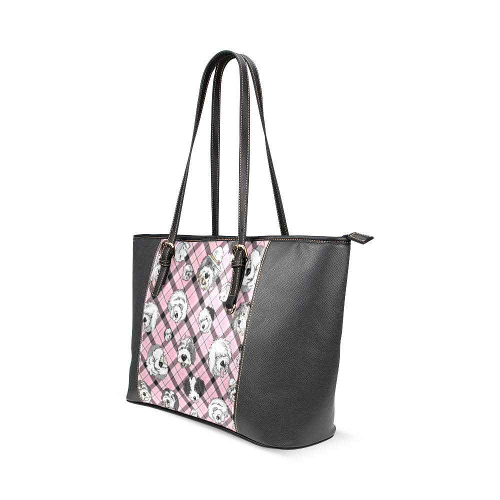 Oes Faces Pink Plaid on black Leather Tote Bag/Small (Model 1640) | ID ...