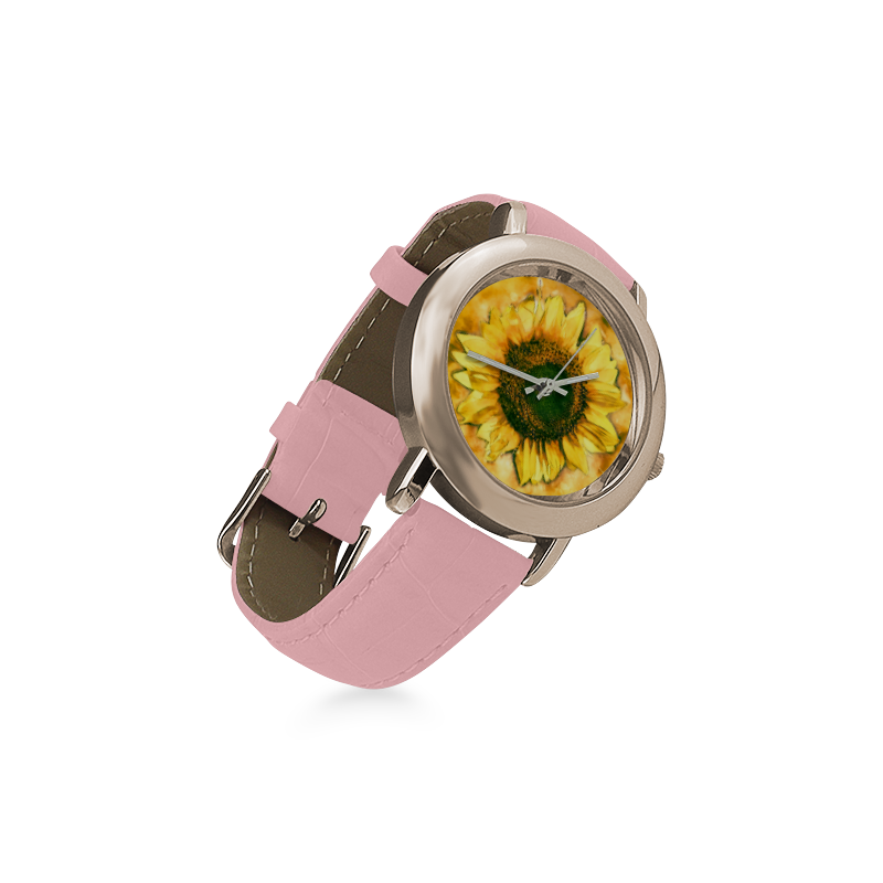 Painting Sunflower - Life is in full bloom Women's Rose Gold Leather Strap Watch(Model 201)