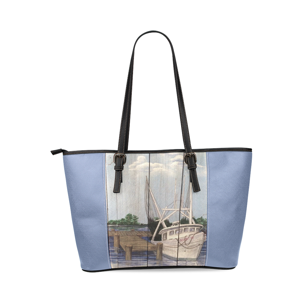 Shrimp boats Leather Tote Bag/Small (Model 1640) ID D407801