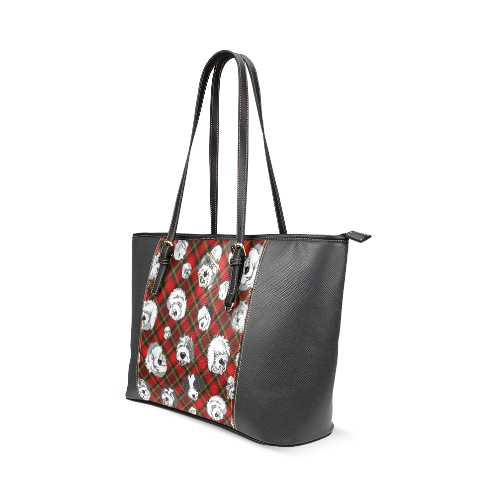 OES red plaid on black Leather Tote Bag/Small (Model 1640) | ID: D407635