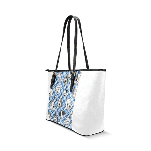 llight blue plaid sheepies on white Leather Tote Bag/Small (Model 1640)