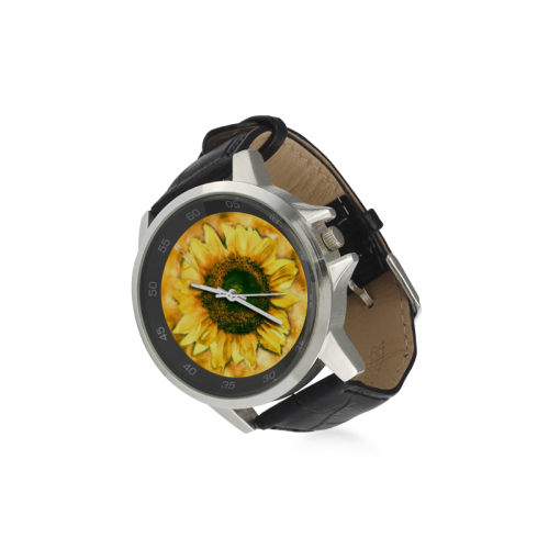 Painting Sunflower - Life is in full bloom Unisex Stainless Steel Leather Strap Watch(Model 202)