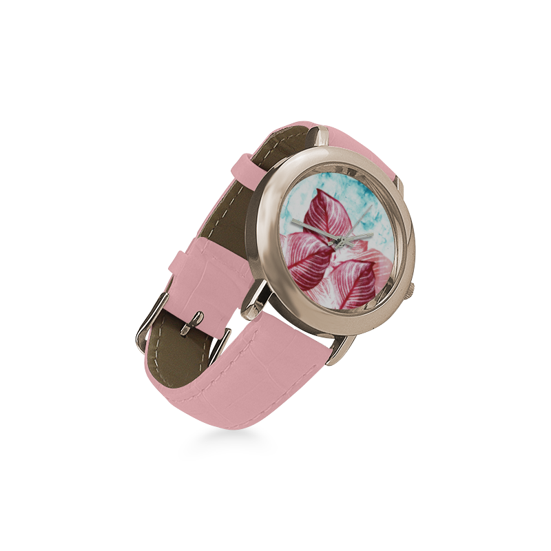 Tropical Canna Leaves Women's Rose Gold Leather Strap Watch(Model 201)