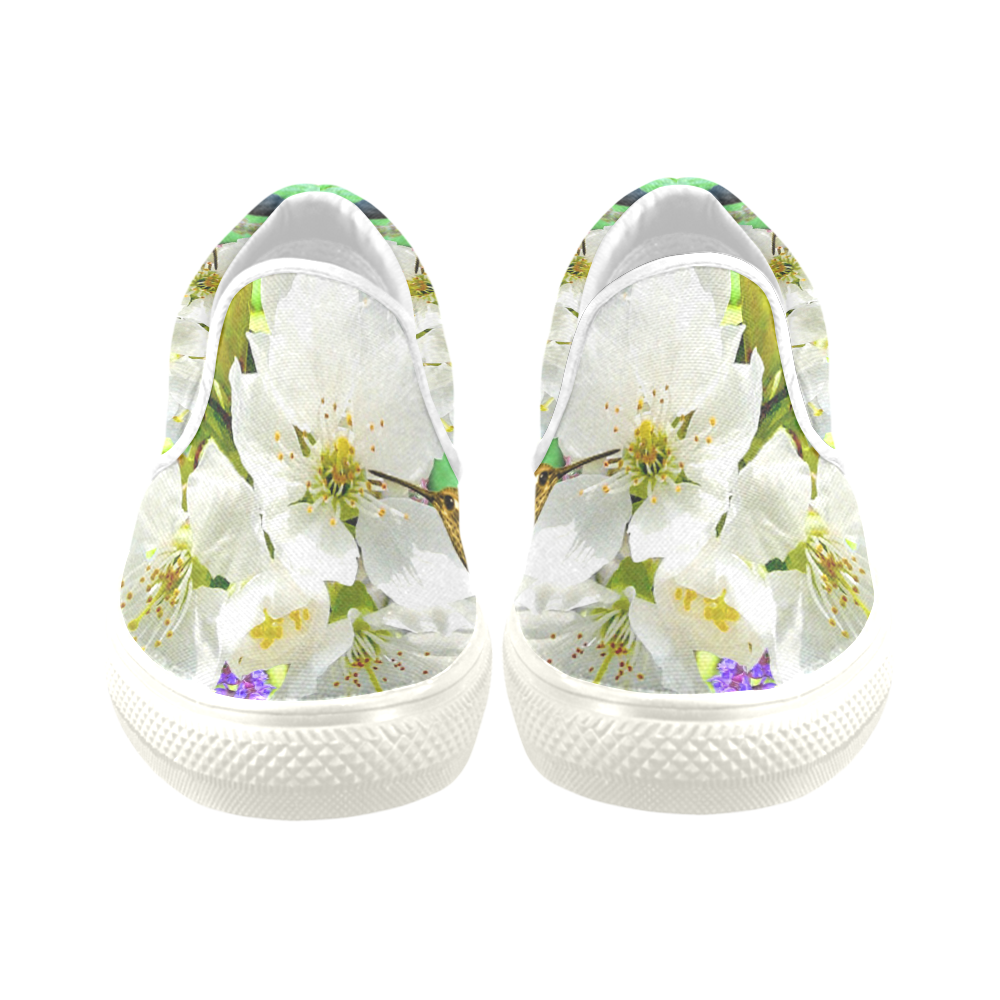 Peach Blossom Hummingbird Women's Unusual Slip-on Canvas Shoes (Model 019)