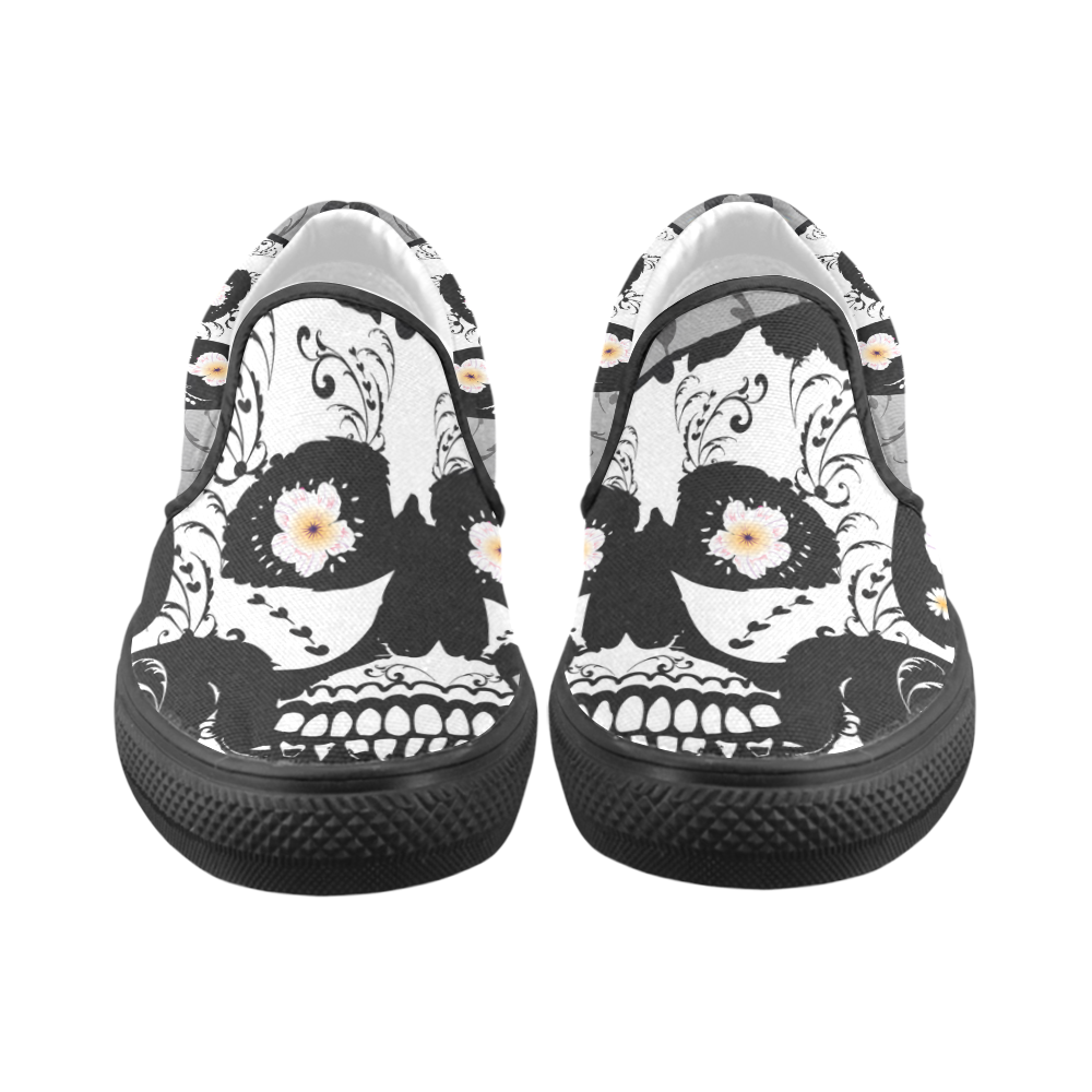 Wonderful sugar skull in black and white Women's Unusual Slip-on Canvas Shoes (Model 019)