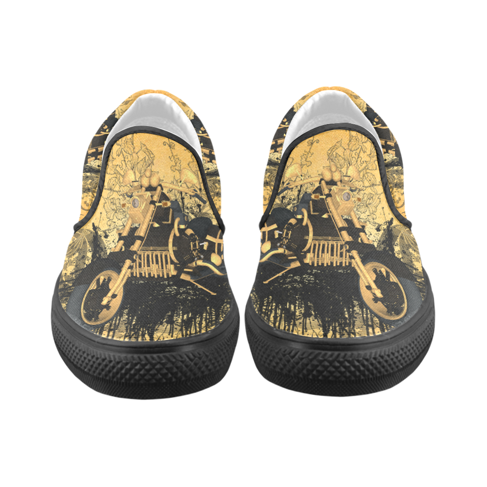 Steampunk, awesome motorcycle with floral elements Women's Unusual Slip-on Canvas Shoes (Model 019)