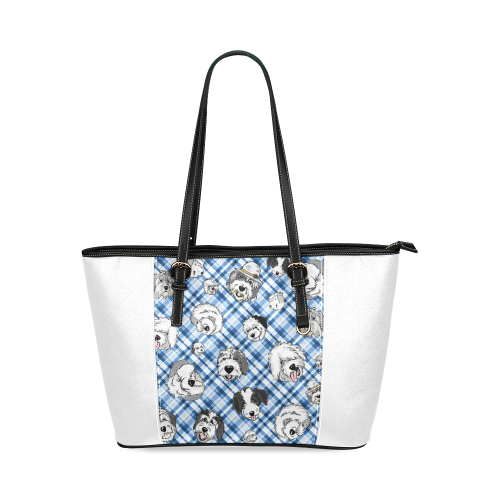 llight blue plaid sheepies on white Leather Tote Bag/Small (Model 1640)