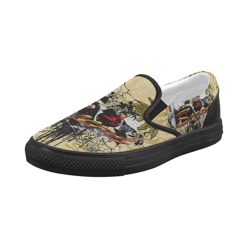Surfing, surfdesign with surfboard and palm Women's Slip-on Canvas Shoes (Model 019)