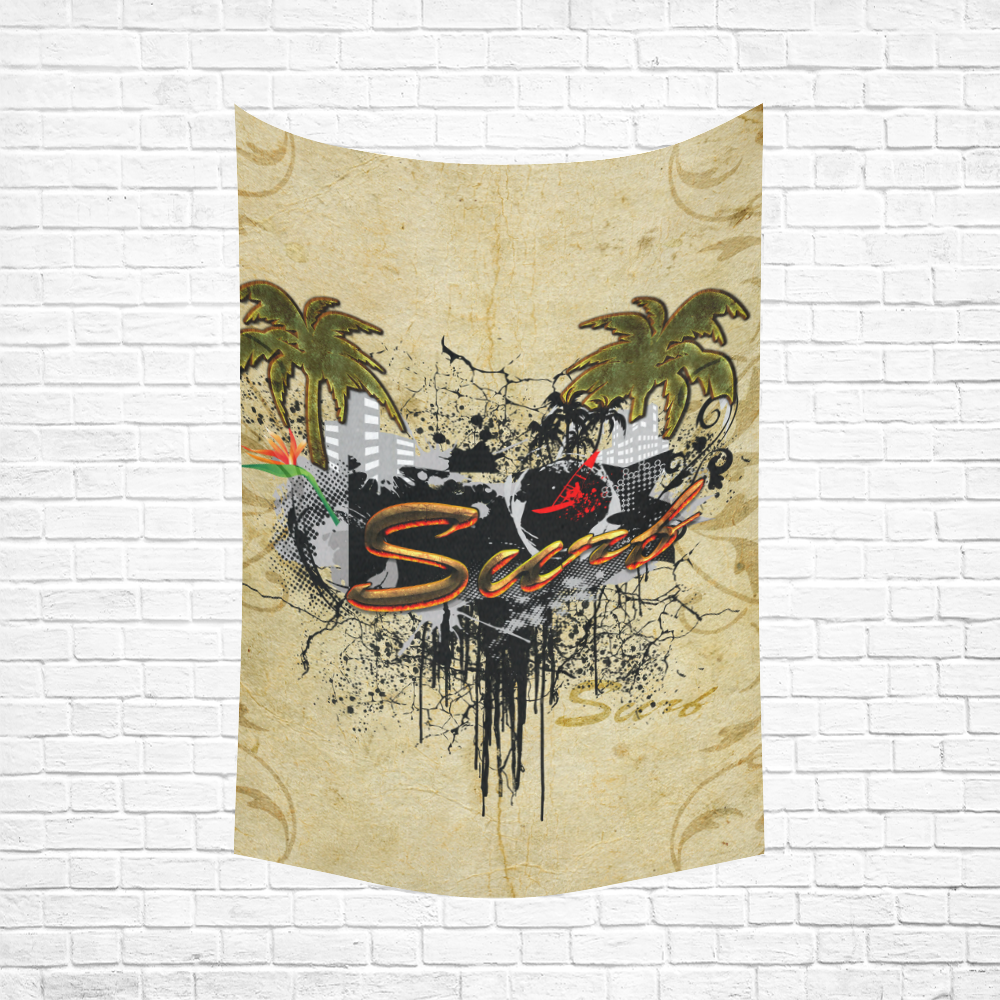 Surfing, surfdesign with surfboard and palm Cotton Linen Wall Tapestry 60"x 90"