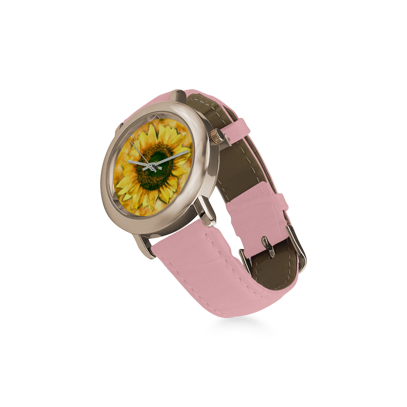 Painting Sunflower - Life is in full bloom Women's Rose Gold Leather Strap Watch(Model 201)