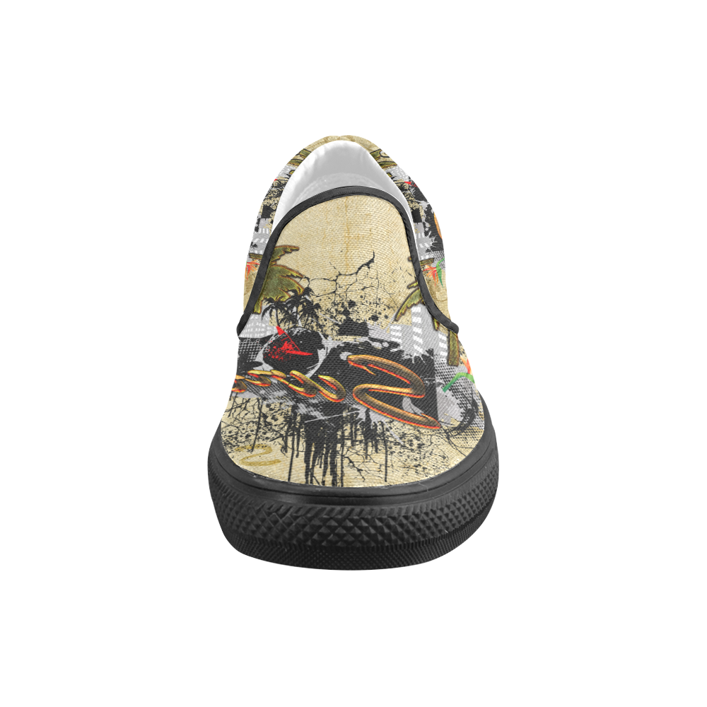 Surfing, surfdesign with surfboard and palm Women's Unusual Slip-on Canvas Shoes (Model 019)