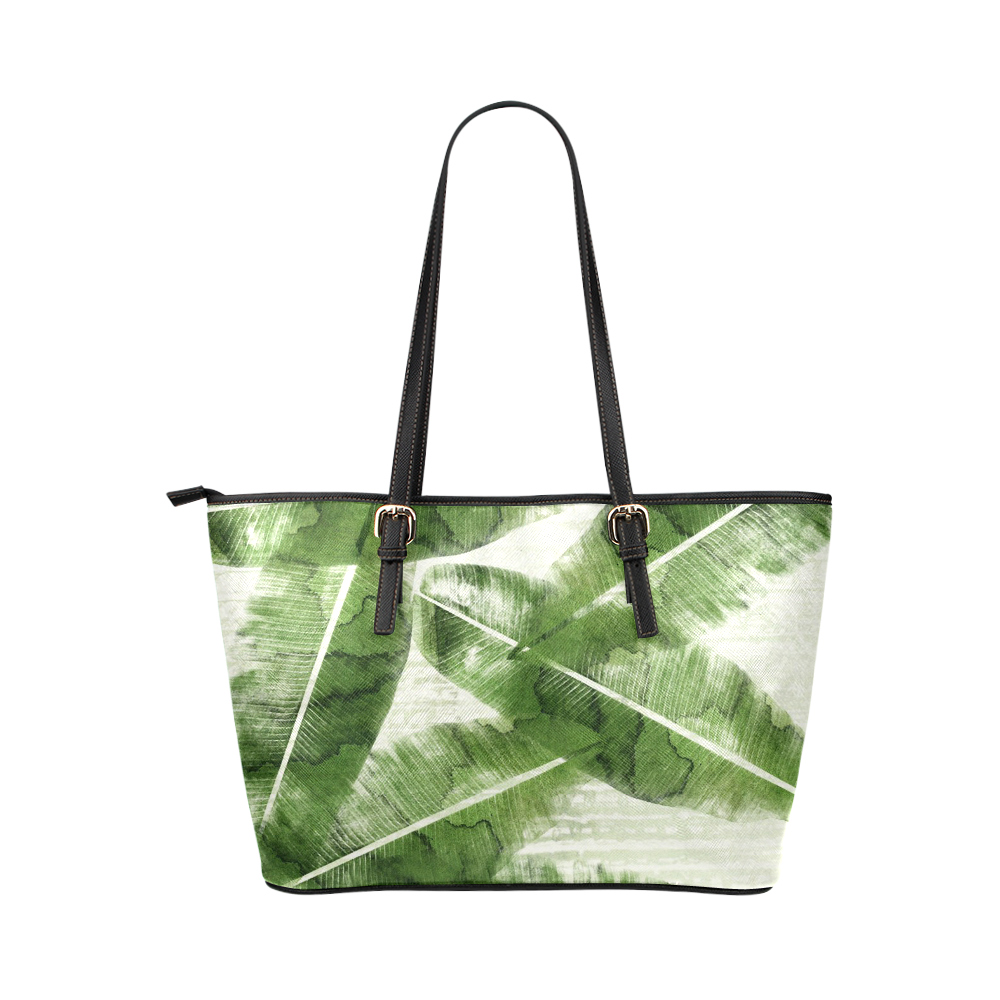 Tropical Bananas Leaves Leather Tote Bag/Small (Model 1651)