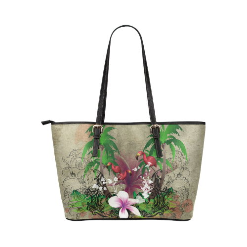 Wonderful tropical design with flamingos Leather Tote Bag/Large (Model 1651)