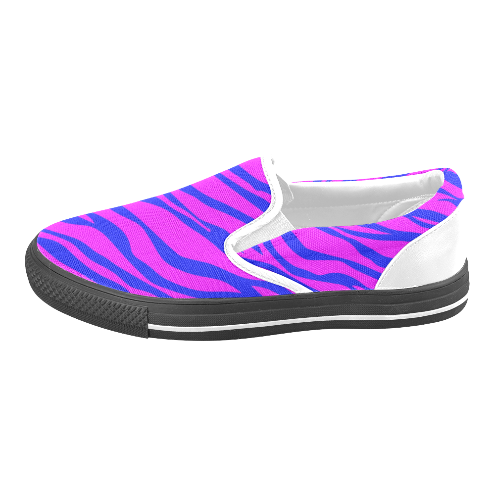 Hot Pink Blue Zebra Stripes Women's Unusual Slip-on Canvas Shoes (Model 019)