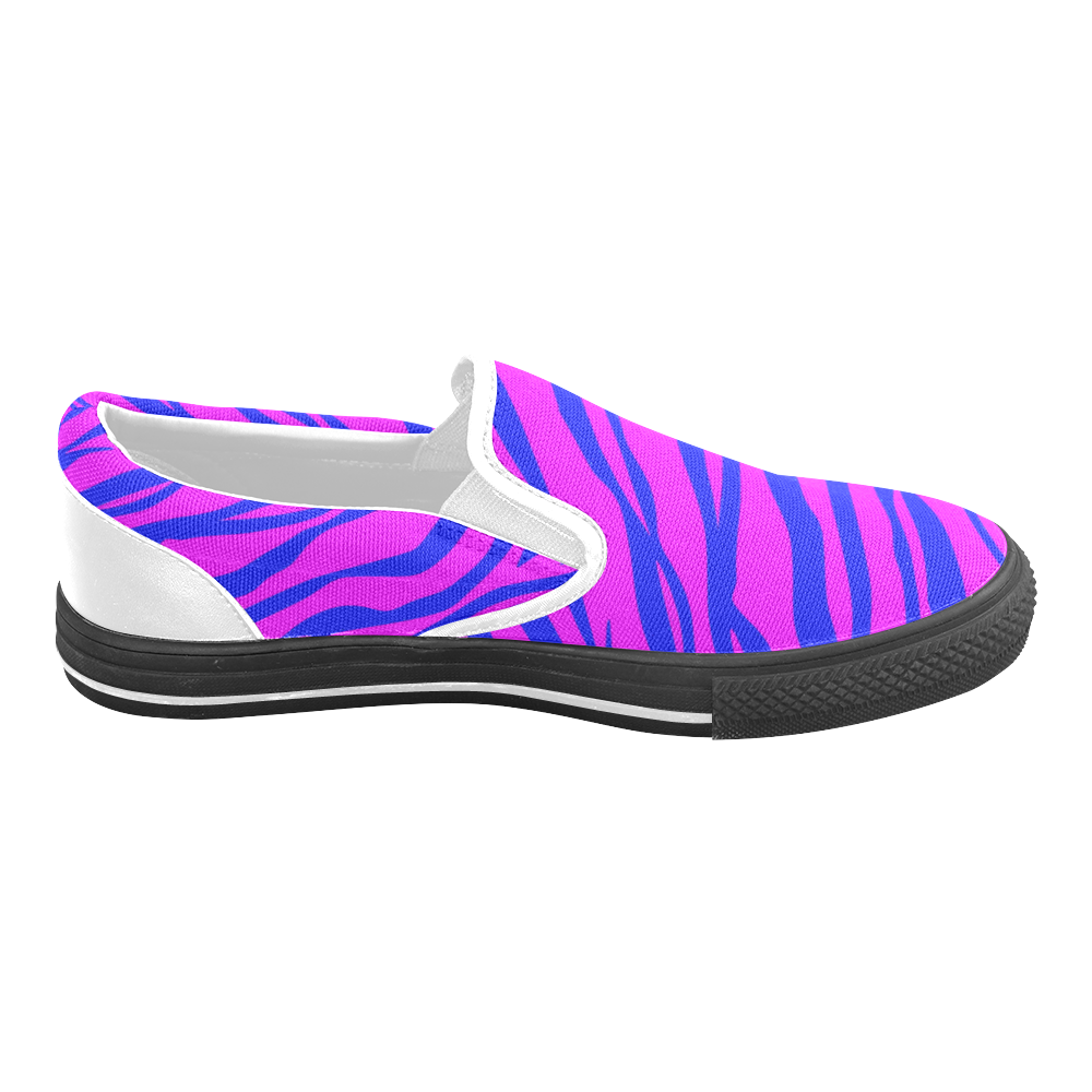 Hot Pink Blue Zebra Stripes Women's Unusual Slip-on Canvas Shoes (Model 019)