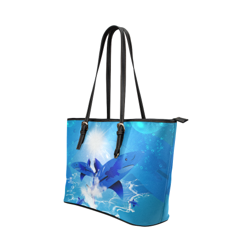 The cartoon sharks Leather Tote Bag/Large (Model 1651)