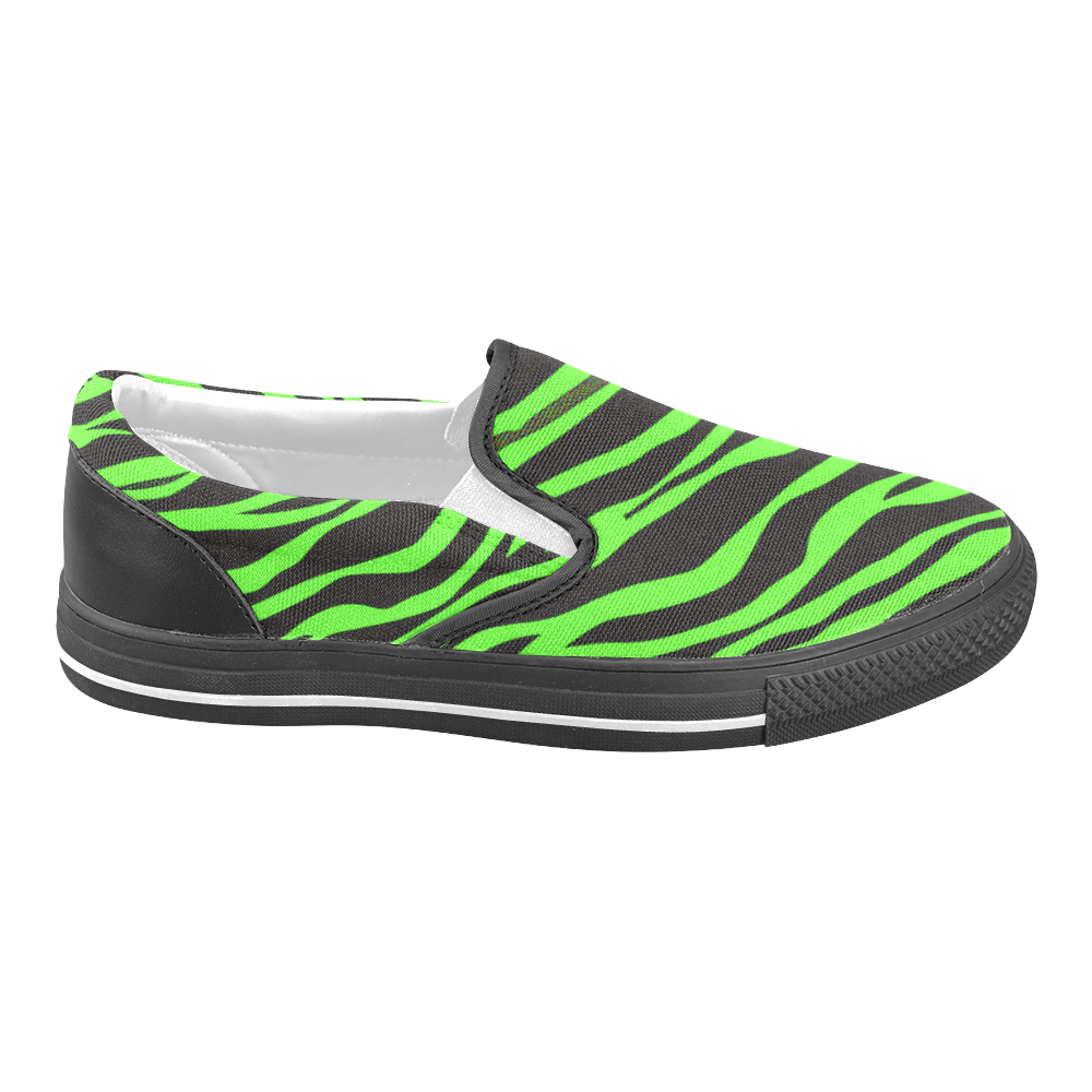 Neon Green Zebra Stripes Women's Unusual Slip-on Canvas Shoes (Model 019)