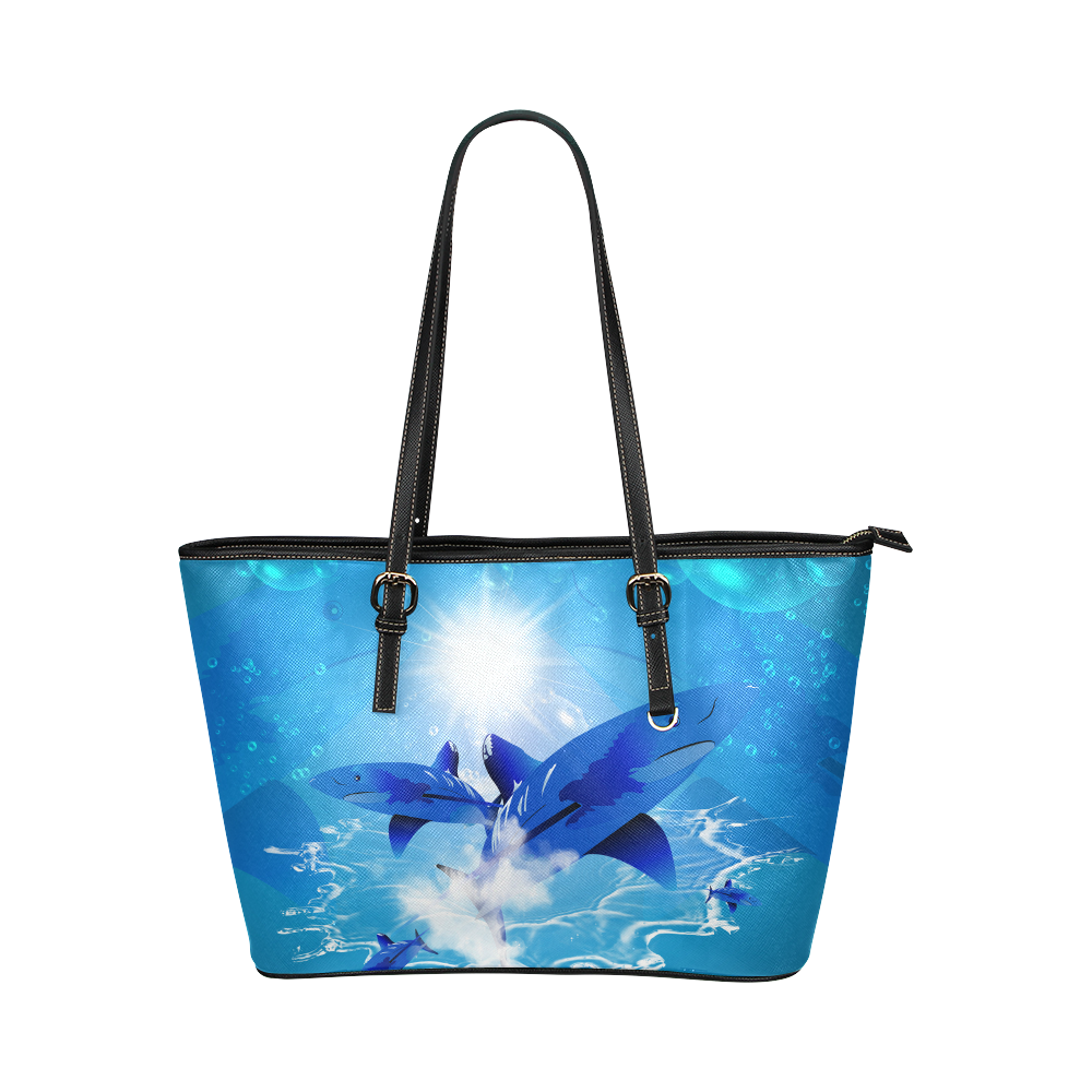 The cartoon sharks Leather Tote Bag/Large (Model 1651)