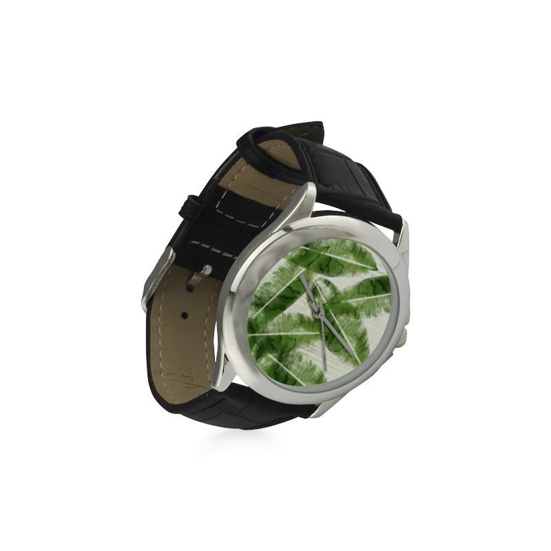Tropical Bananas Leaves Women's Classic Leather Strap Watch(Model 203)