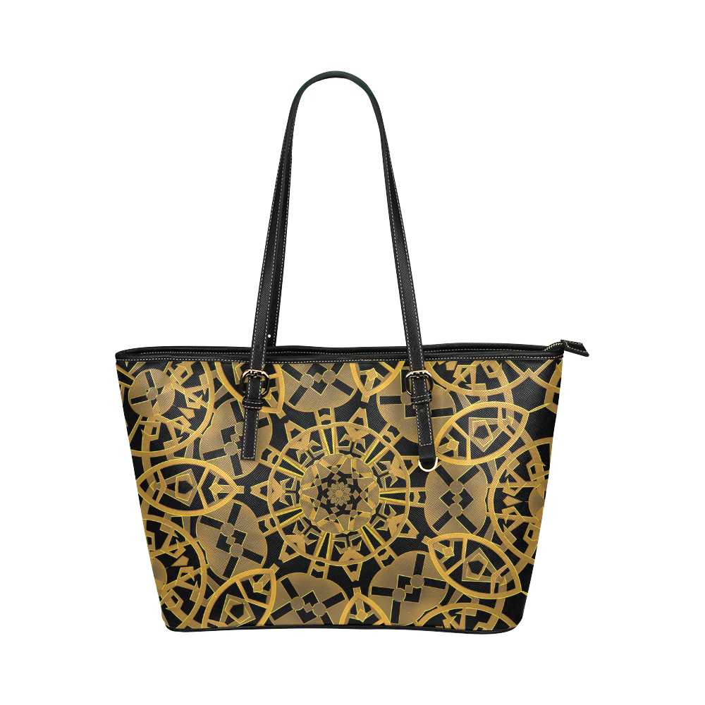 Gold Wheels Kaleidoscope Leather Tote Bag/Large (Model 1651)