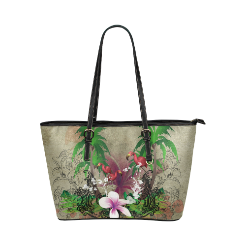 Wonderful tropical design with flamingos Leather Tote Bag/Large (Model 1651)
