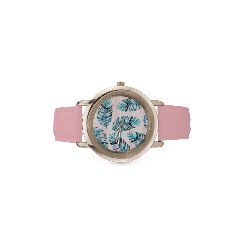 Tropical Leaves Women's Rose Gold Leather Strap Watch(Model 201)